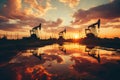 Rhythmic oil pumps work against a beautiful sunset backdrop