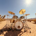Rhythms of the Sands: Drum Set in the Vast Desert Landscape Royalty Free Stock Photo