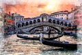 Rialto bridge with gondola. Venice. Italy.