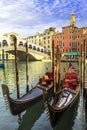Rialto bridge and gondolas. Romantic venice, Italy Royalty Free Stock Photo