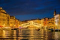 Rialto bridge Ponte di Rialto over Grand Canal at night in Venice, Italy Royalty Free Stock Photo