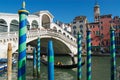 View of the landmark Ponte di Rialto bridge over the Grand Canal in Venice, Italy. Royalty Free Stock Photo