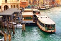 Rialto`s waterbus stop in Venice. Italy. March, 11st. 2019