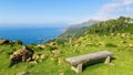 Rias Altas - Wooden Bench in a Green Landscape Royalty Free Stock Photo