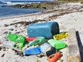 Beach with plastic pollution at famous Rias Baixas Region. Galicia, Spain. Royalty Free Stock Photo
