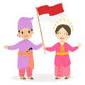 Riau Children Holding Indonesian Flag Cartoon Vector Royalty Free Stock Photo