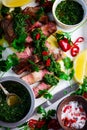 Rib eye steak with chimmichurri sauce..style rustic Royalty Free Stock Photo