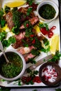 Rib eye steak with chimmichurri sauce..style rustic Royalty Free Stock Photo