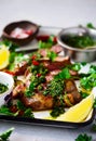 Rib eye steak with chimmichurri sauce..style rustic Royalty Free Stock Photo