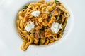 Rib eye steak pasta with garlic