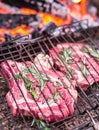 Rib eye steaks and grill with burning fire behind them. Royalty Free Stock Photo