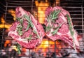 Rib eye steaks and grill. Royalty Free Stock Photo