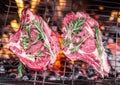 Rib eye steaks and grill with burning fire. Royalty Free Stock Photo