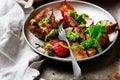 RIB-EYE STEAKS WITH RADISH GREENS CHIMICHURRI SAUCE.style rustic. Royalty Free Stock Photo