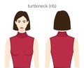 Rib neckline turtleneck clothes knits, sweaters character in burgundy top, shirt, dress technical fashion illustration