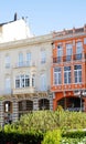 RIBADEO, SPAIN - October 4, 2020:Colorful buildings at the Plaza de Espana square in the Ribadeo old town, Lugo, Galicia, Spain