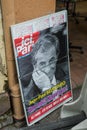 ici paris newspaper with Jean Paul Belmondo portrait in the street, JP Belmondo, the famous french actor was dead on 6th septembe