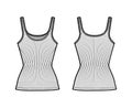 Ribbed cotton-jersey tank technical fashion illustration with scoop neck, close fit knit, tunic length. Flat camisole