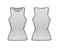 Ribbed cotton-jersey tank technical fashion illustration with slim fit, elongated hem, crew neckline. Flat outwear top