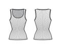 Ribbed cotton-jersey tank technical fashion illustration with wide scoop neck, close fit knit, tunic length camisole