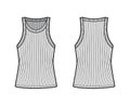 Ribbed cotton-jersey tank technical fashion illustration with wide scoop neck, relax fit knit, tunic length camisole