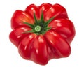 Ribbed heirloom tomato Solanum lycopersicum fr uit, Mushroom Basket variety, isolated, top view