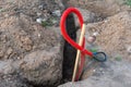 Ribbed red plastic pipes containing electric cables for lighting Royalty Free Stock Photo