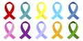 Ribbon as a sign of cancer or aids. Set of badges on the chest. Symbol of charity. Vector image