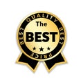 Ribbon award best price label. Gold ribbon award icon white background. Best quality golden label for badge