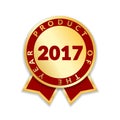 Ribbon award best product of year 2017. Gold ribbon award icon isolated white background. Best product golden label for Royalty Free Stock Photo