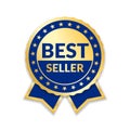 Ribbon award best seller. Gold ribbon award icon isolated white background. Bestseller golden tag sale label, badge Royalty Free Stock Photo