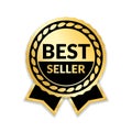 Ribbon award best seller. Gold ribbon award icon isolated white background. Bestseller golden tag sale label, badge Royalty Free Stock Photo