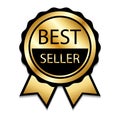 Ribbon award best seller. Gold ribbon award icon isolated white background. Bestseller golden tag sale label, badge, medal Royalty Free Stock Photo