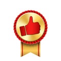 Ribbon award up thumb gold icon. Gesture success hand golden medal. Best choice, best seller, label control quality