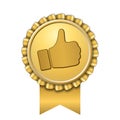 Ribbon award up thumb gold icon. Gesture success hand golden medal. Best choice, best seller, label control quality