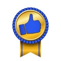 Ribbon award up thumb gold icon. Gesture success hand golden medal. Best choice, best seller, label control quality