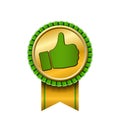 Ribbon award up thumb gold icon. Gesture success hand golden medal. Best choice, best seller, label control quality Royalty Free Stock Photo