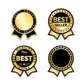 Ribbon awards best seller set. Gold ribbon award icons isolated white background. Bestseller golden tags sale label