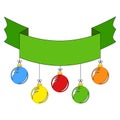 Ribbon banner in green color, decorated with colored Christmas tree toys on a white background Royalty Free Stock Photo