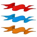 Ribbon banners. Colored hand drawn sketch. Red, blue and orange