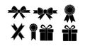 Ribbon bow gift box award badge icons set in black vector design elements for decoration and celebration Royalty Free Stock Photo