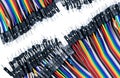 Ribbon cable or multi-wire planar cable on white background. Flat ribbon cable with pin connectors. Multi-colored ribbon computer