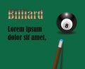 billiard cue aiming on black billiard ball number eight on green background with golden and black sign vector illustration