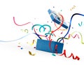 Ribbon and confetti popping out from blue gift box Royalty Free Stock Photo