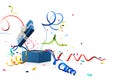 Ribbon and confetti popping out from blue gift box Royalty Free Stock Photo