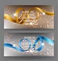 Ribbon cutting ceremony banners with curly satin ribbons and scissors.