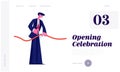 Ribbon Cutting Ceremony Celebration Website Landing Page. Businessman or Politician Hold Scissors Cutting Red Bow in Store Open