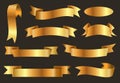 Vector gold ribbons set. Realistic 3d golden banners for sales and discounts Royalty Free Stock Photo