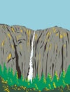 Ribbon Falls Flowing Off a Cliff on the West Side of El Capitan Within Yosemite National Park California USA WPA Poster Art