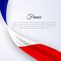 Ribbon flag of France on a light background Brochure banner layout with wavy lines of French flag ribbons and text France